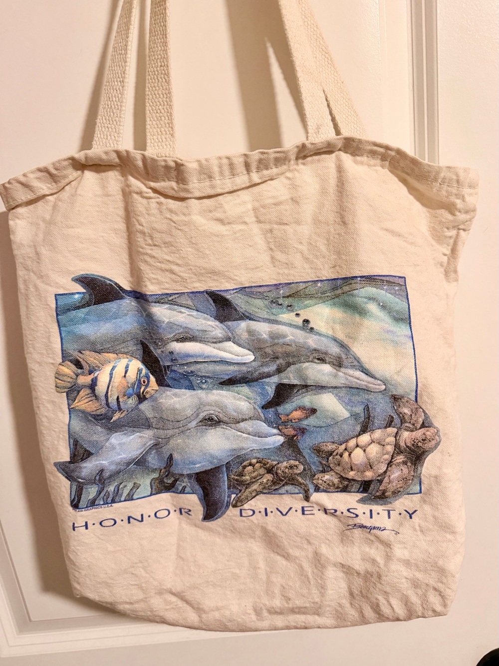 Canvas Tote Bag with Dolphin & Turtle Artwork - Cream